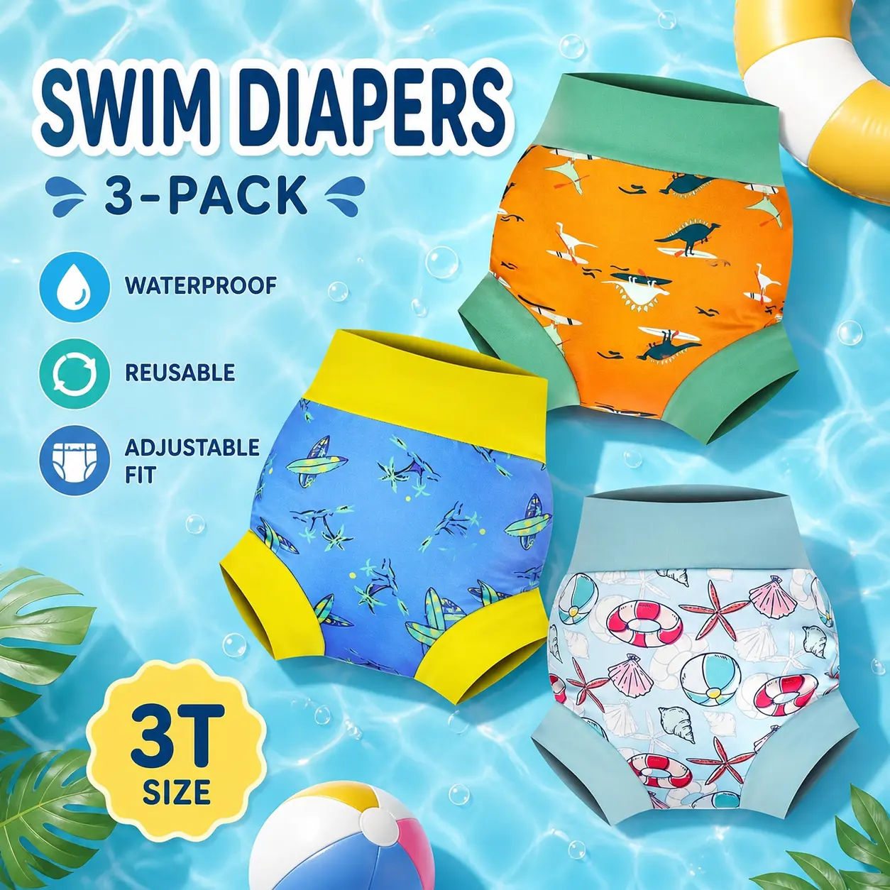 Waterproof Reusable Swim Diapers 3-Pack, Adjustable with Assorted Patterns for Toddler Boys and Girls Swim Lessons, Size 3T, Diaper, Moomoo Baby, Boys & Girls, Swim-Ready
