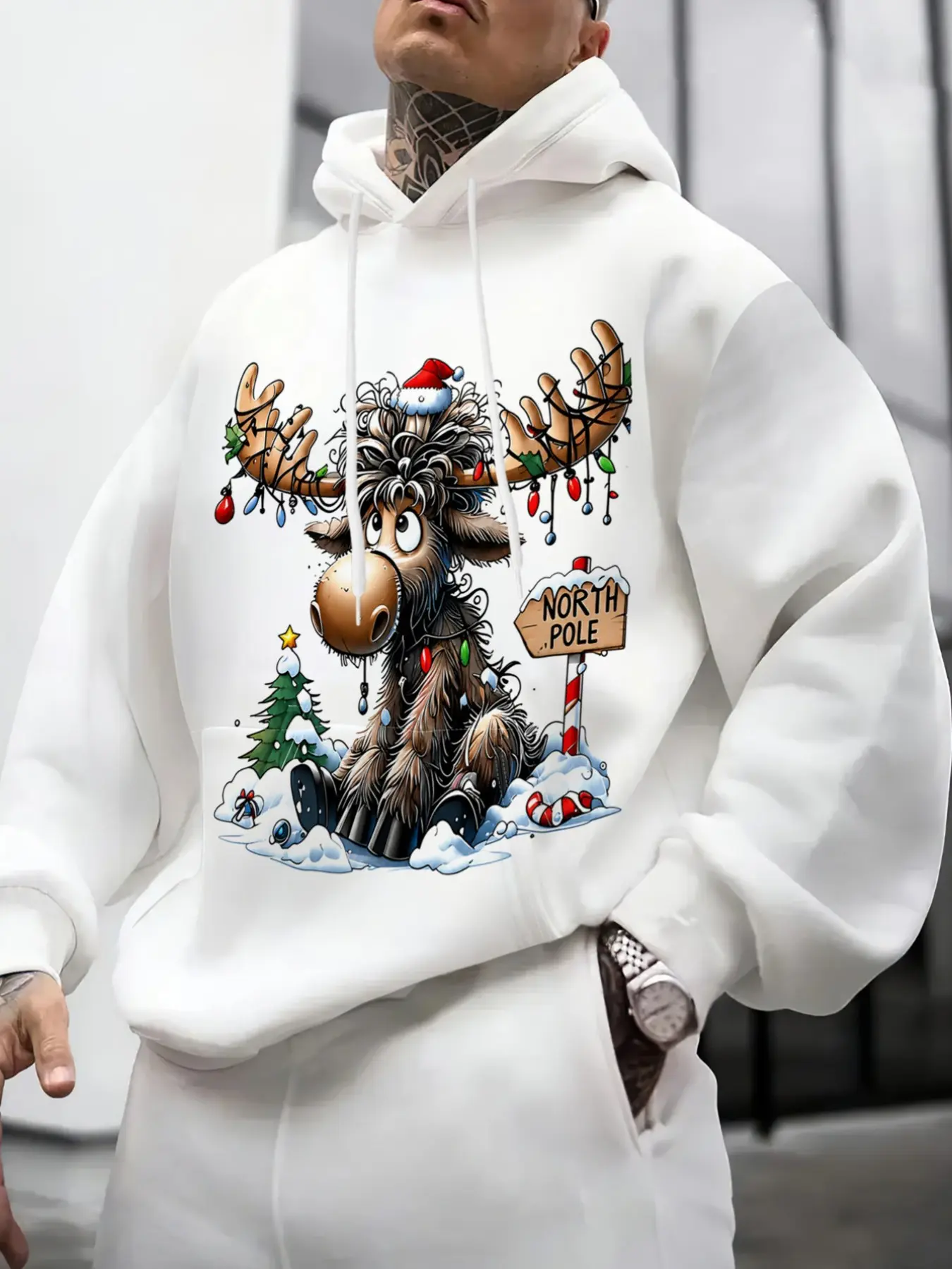 2026 Christmas Moose Santa Hat Hoodie, Funny North Pole Xmas Animal Print Pullover, Casual Winter Holiday Hooded Sweatshirt, Unisex Festive Party Outfit Christmas Gift.