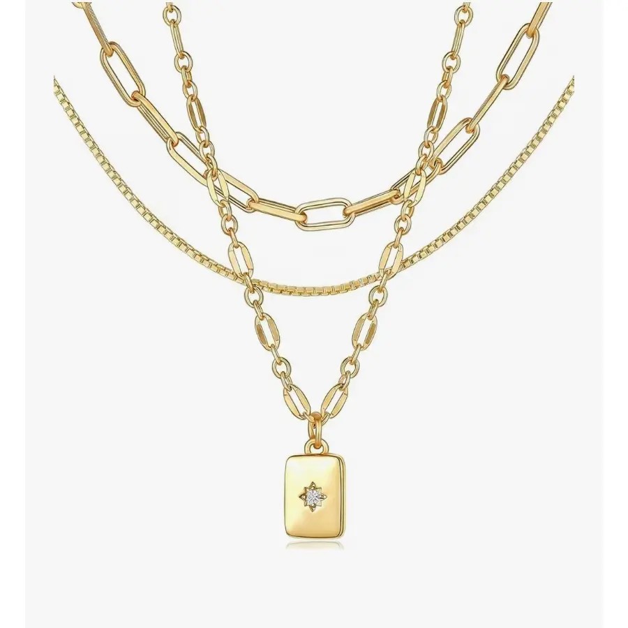 Layered Gold Necklaces for Women Trendy, 3 Pcs 14K Gold Plated Choker Paperclip Box Chain Necklace, Stackable Women's Gold Pendant Necklaces Jewelry Set accessories adults Gifts for Women