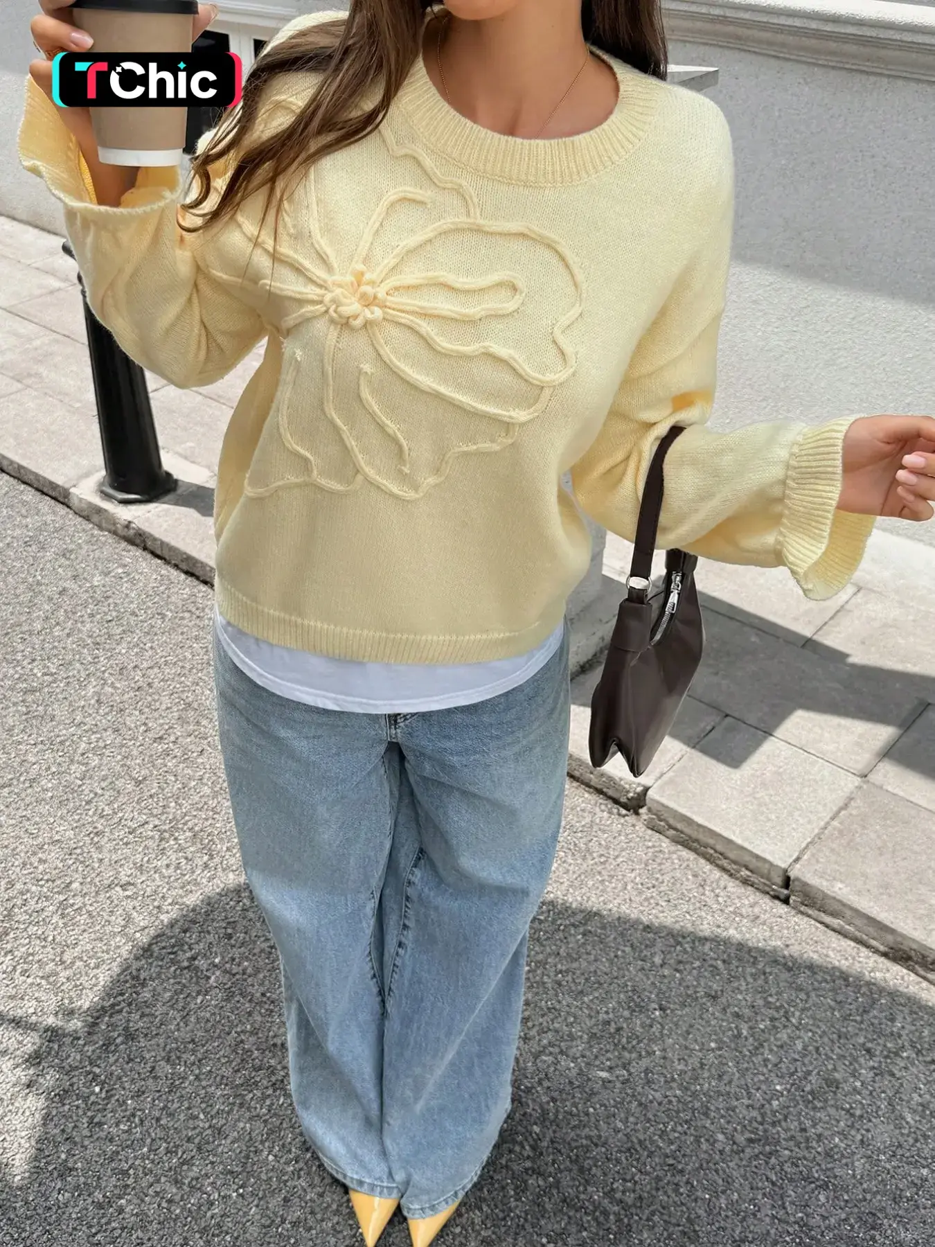 Soft Pastel Floral Applique Crew Neck Knit Sweater for Women Fall Winter, Loose Flare Sleeve Knit Top with 3D Flower Detail, Relaxed Fit for Coffee Dates Weekend Walks, Match Wide Leg Denim for Sweet Minimalist Daily Street Looks