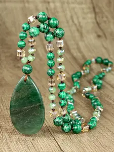 Boho Aventurine Pendant Necklace, Ethnic Style Natural Stone Teardrop Long Chain, Handmade Jewelry Gift, Knitwear Charm