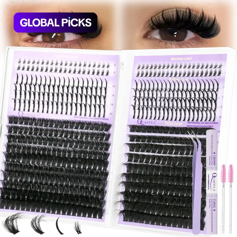 Easy-to-Apply DIY Lash Extension Kit, DIY Lash Set, 100D & 150D Volume False Eyelashes with Spikes, Bottom and Wispy Cluster, Eyelash Extensions with Lash Bond & Seal, Eyelash Glue, Tweezers and Brush, DIY Personal Lashes