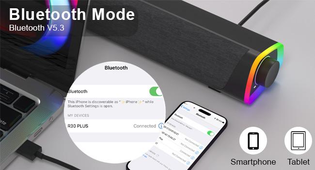 R30 Plus Bluetooth Computer Speakers for PC Desktop, All-in-one Control Button with 6 Modes LED Lights, Wired USB Powered Sound Bar, Surround Sound Portable SoundBar for Monitor Laptop Phone