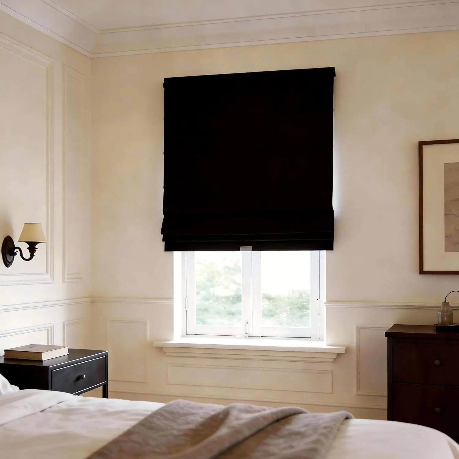 Cordless Blackout Roman Shades for Windows & Doors, 34"x64" Mottled Black with White Backing, Pull Down Blinds, Heavy 430GSM Chenille Fabric, Thermal Insulated UV Blocking for Bedroom