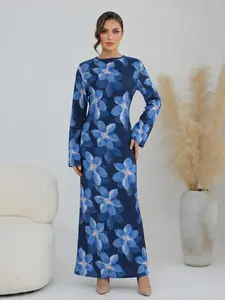 New Muslim Women's Printed Robe, Round Neck Belted Waist Slimming Floral Dress, Elegant Loose-Fitting All-Season Clothing