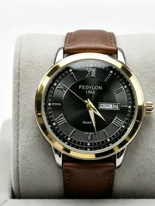 Men's Business Quartz Watch, Crocodile Strap, Dial Roman Numerals, Day Calendar Dual Display, Classic Style