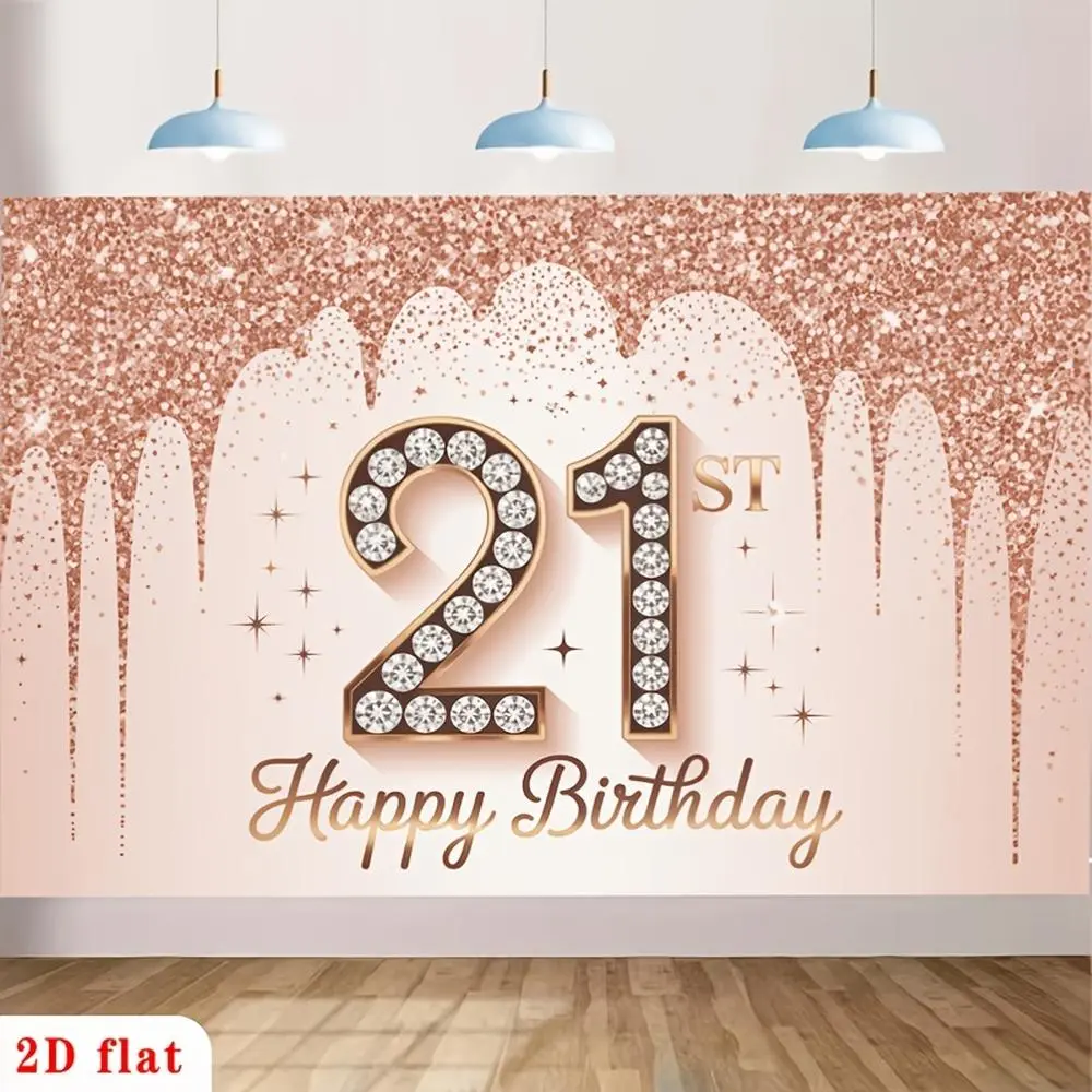 2D Flat, 2D Flat - 2D Flat, 2D Flat - 1pc 21St Happy Birthday Banner | Rose Golden Glitter, Sparkling Diamonds, Drip Pattern Polyester Backdrop For Party Decor, Club, Home, Garden, Farm, Room, No Electricity Ne