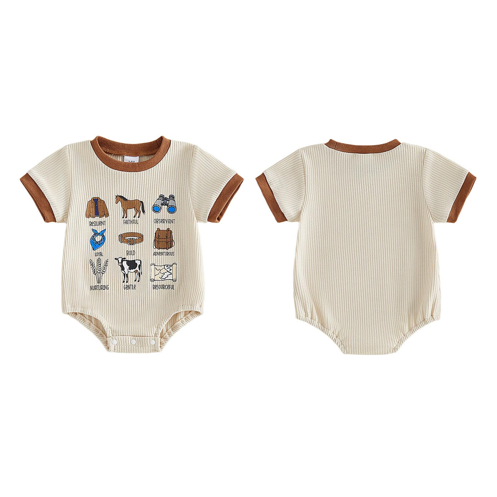 Baby Boy Summer Romper Western Cowboy Print Waffle Short Sleeve Crew Neck Bodysuit Infant Toddler Casual Clothes Outfit