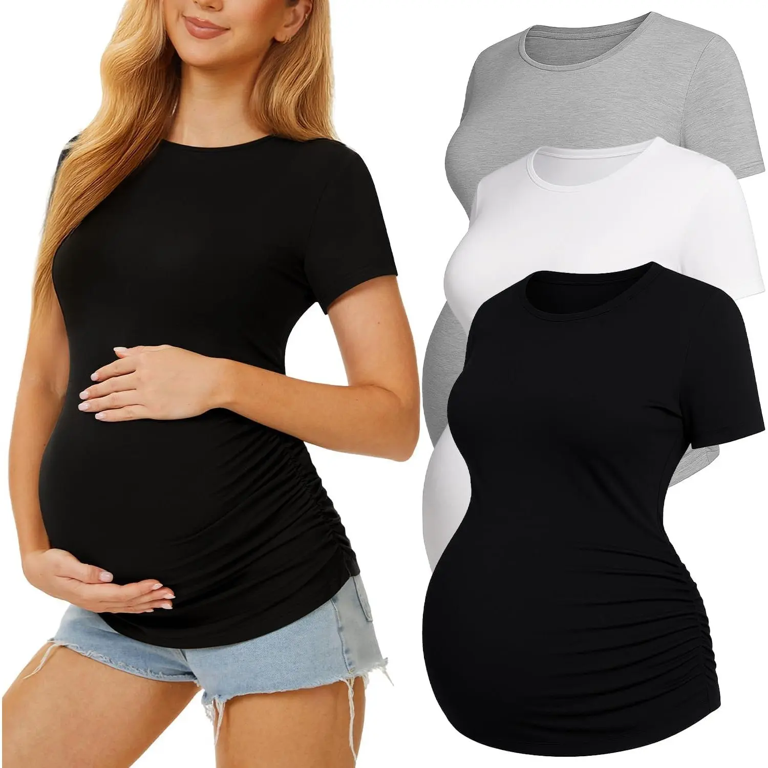 3 Pack Womens   - Crew Neck  Top Short Sleeve Pregnancy Tee  tank clothing Nursing woman essentials  maternity yoga Set Blanket  Matching Robe and tummy clothes bottom adjustable cold belly pant wear outfit lingerie Seamless romper Shirt pregnant