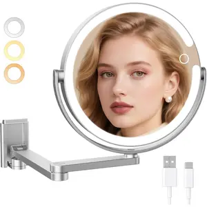 Wall Mounted Makeup Mirror with Lights, 8-inch 20X/1X Magnifying Mirror, Rechargeable LED  Mirror with 3 Color Lights, 360? Swivel & Extendable Arm
