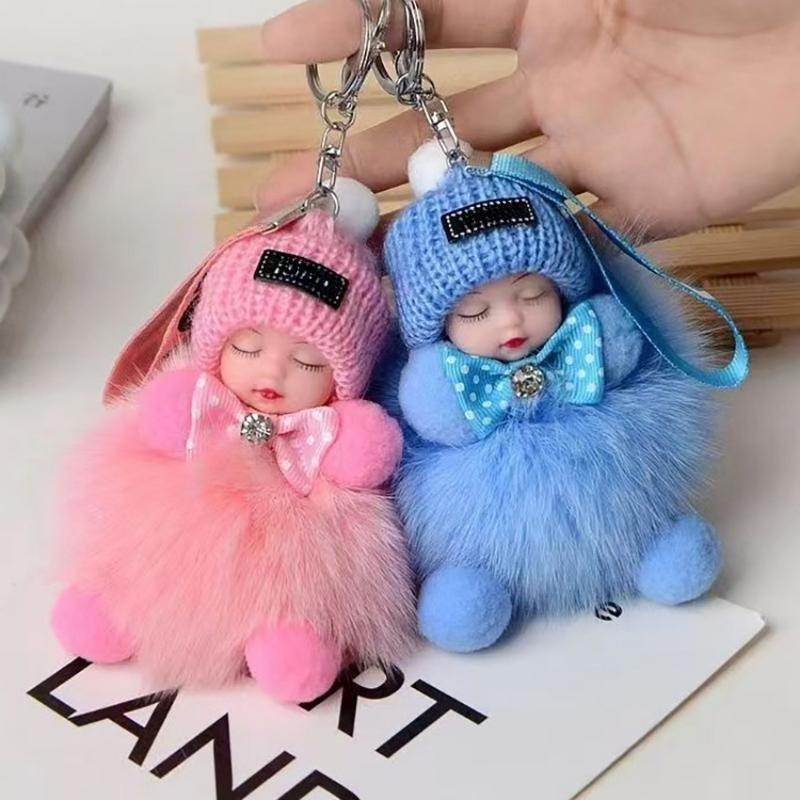 2-Pack Cute Fluffy Plush Sleepy Doll Keychain for Women, Kawaii Bag & Car Key Ring Pendant, Soft Lightweight Adorable Gift for Girls