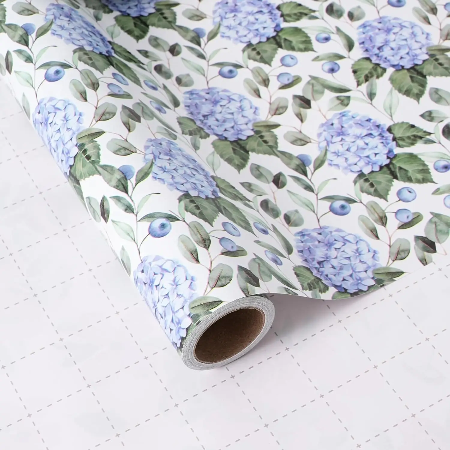 Hydrangea Floral Wrapping Paper Roll - Blue Watercolor Floral Design, 17 Inches x 16.5 Feet, Gift Wrap for Wedding, Bridal Shower, Birthday, Mother's Day, Cut Lines on Back