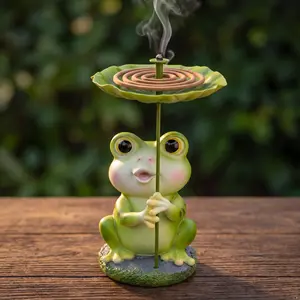 Cute Frog Incense Holder with Lotus Leaf, Resin Frog Coil Incense Burner, Backflow Incense Stick Holder, Aromatherapy Ornament Gift