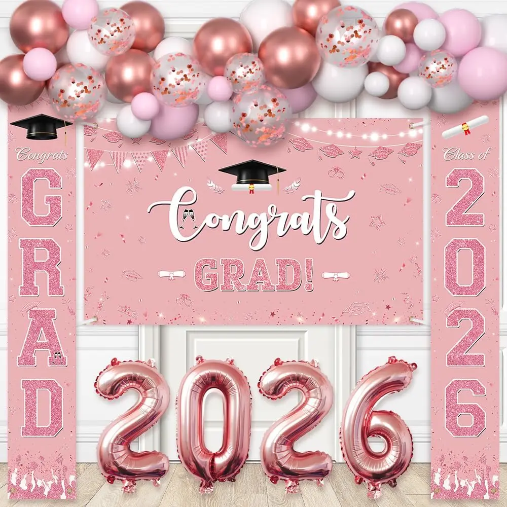 78-Count Rose Graduation Balloon Arch Kit with Hand Pump, Latex Balloons (Thicker Walls, Varied Sizes), Congrats Grad Backdrop, Class of 2026 Porch Sign Banner for Prom Party Decorations Supplies