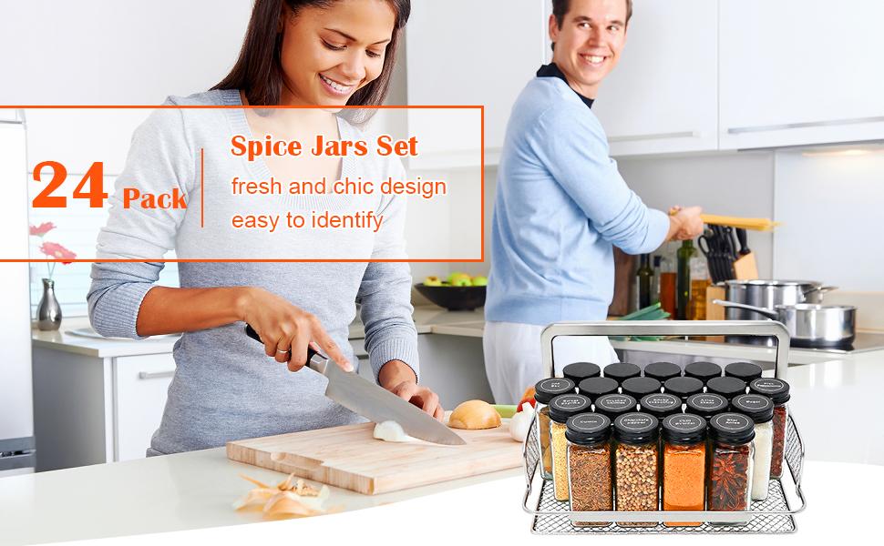 24pcs Spice Jars with180 Labels,Glass Spice Jars, Seasoning Containers,Seasoning Organizer,Include black metal lid, pen, grinder, stainless steel funnel, two type inner plugs