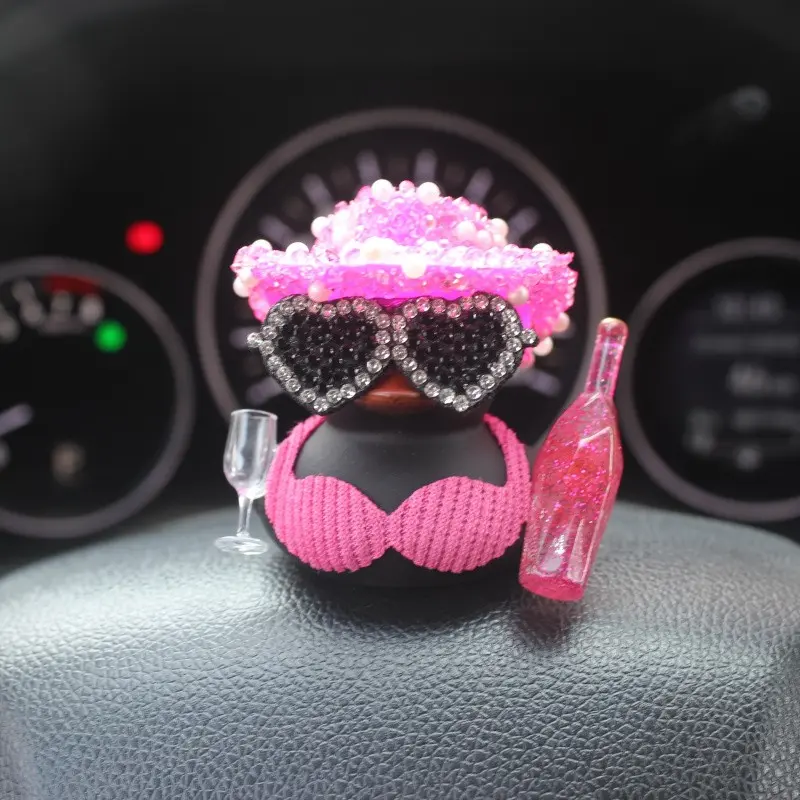 Black duck with pink shiny hat, champagne bottle design, dashboard ornament, holiday-style duck, car interior decoration, motorcycle and bicycle decoration, holiday gift, party atmosphere decoration, Car Interior Accessories