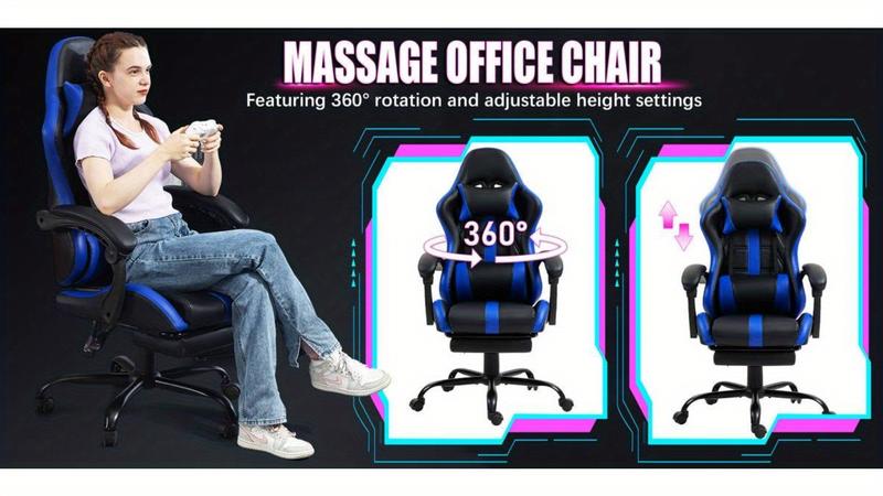 PU Leather Gaming Chair with Footrest, Ergonomic Computer Chair with Massage Lumbar Support