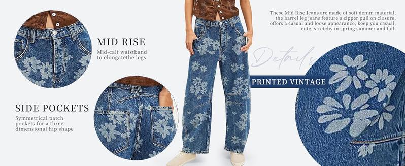 Women Y2k Distressed Barrel Jeans Baggy Wide Leg Jeans Floral Printed Boyfriend Patchwork Denim Pants2026
