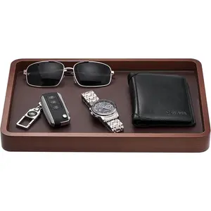 Wooden Valet Tray for Men, Wood Catch-All EDC Organizer, Fathers Day Gift, Nightstand Entryway Bedside Dump Holder for Wallets, Keys, Watches, Phones, Loose Change, Trinkets -DarkBrownGift.