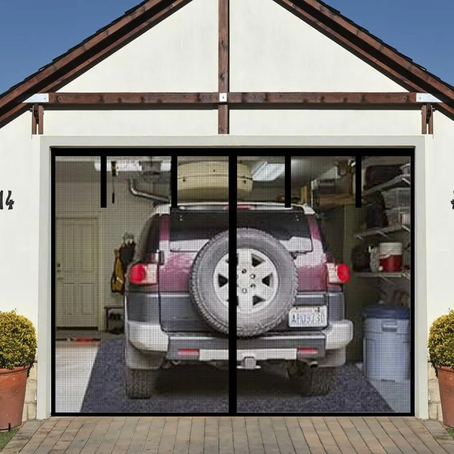 Garage Screen Door for 1  Garage Doors 8x7FT- Reinforced Self Sealing Fiberglass Mesh Door with 4 Strapping Tapes, High Energy , Hands Free Door Screen with Closure Weighted Bottom