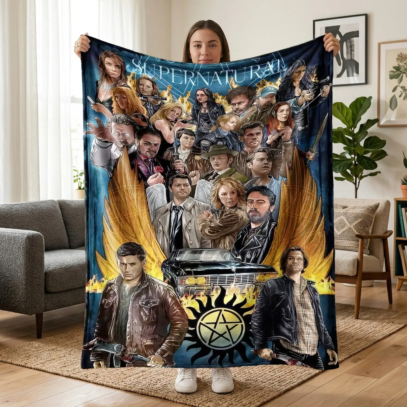 1pc Supernatural Retro Poster Fleece Blanket, Dark TV Character Flame Totem All Over Print. Soft Warm Multi-use Throw for Sofa, Bed, Office, Camping, Ideal Christmas & Birthday Gift.