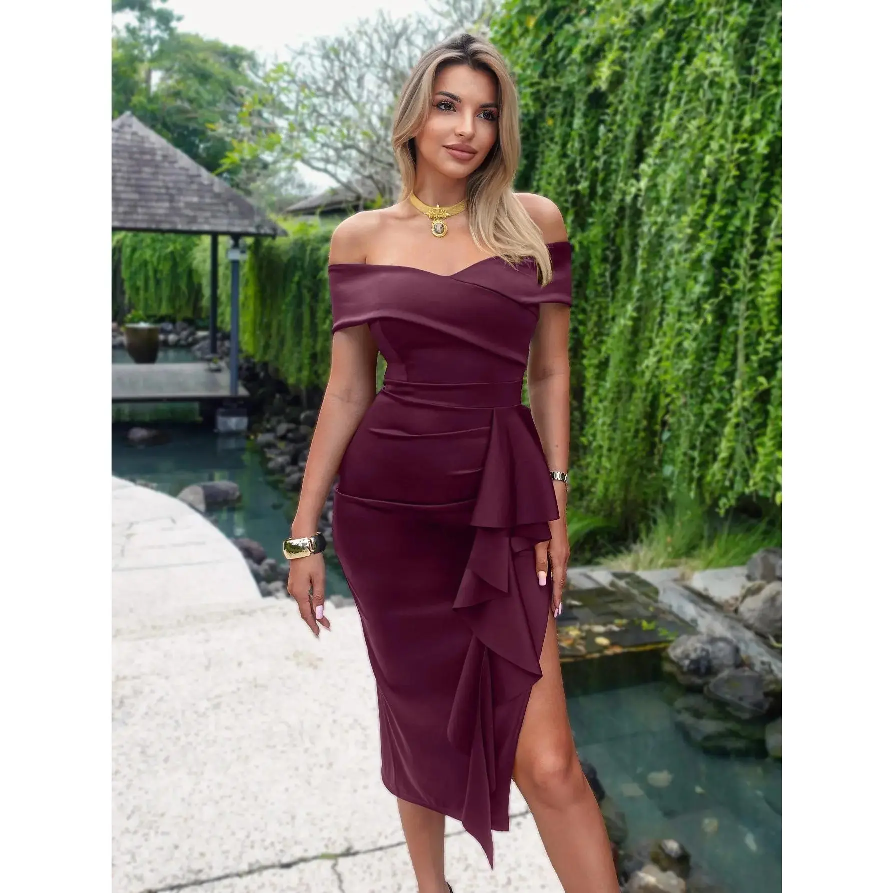 Lady's Off-Shoulder Midi Dress, Sleeveless Formal Wear with High Leg Slit in Soft Touch Fabric for Evening & Date Night
