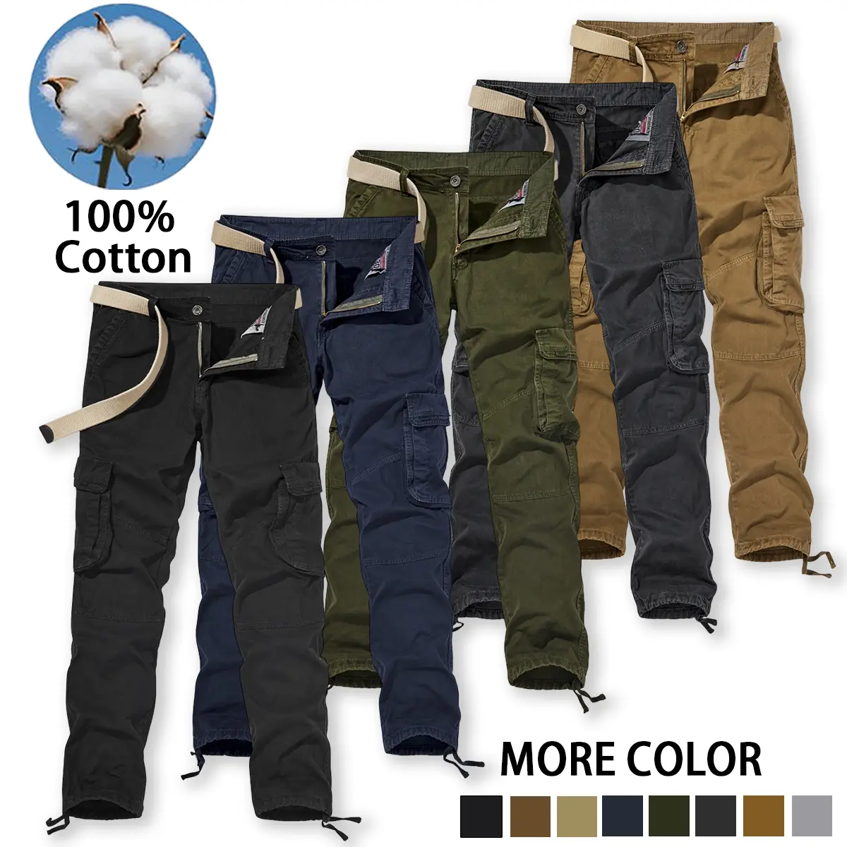 Men's 100% Cotton Cargo Pants, Casual Plain Straight Leg Workwear with Multi-Pockets, Customized Drawstring Cuffs and Included Belt, Fitted, Mid Waist, Ankle Length, Cargo Style Men's Pants, Chic Cargo Men's Pants