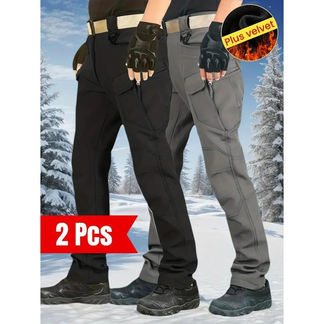 2pcs Set Men's Heavy-Duty -Lined Winter Pants - Thickened Windproof Tactical Work Trousers with 10+ Pockets, Straight-Leg Fit for Hunting, Camping, Hiking & Outdoor Gear - Cold-Resistant Multi-Pocket Pants (Machine Washable) Workwear Plain SpringStatement
