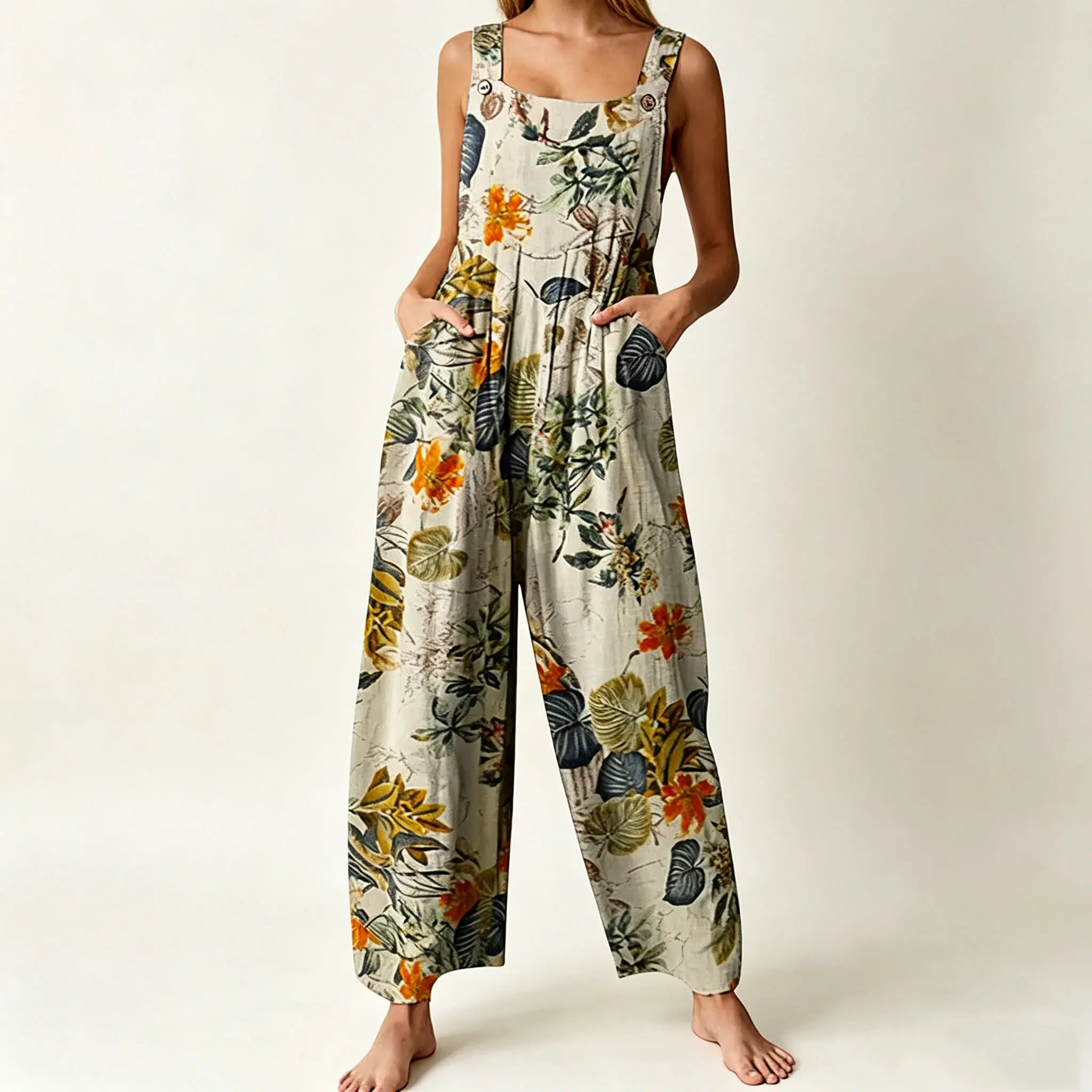 Women's Linen Like Patchwork Dual Pocket Jumpsuit Loose Floral Print Bohemian Wide Leg Bib Overall Casual Womenswear Printed SummerVibes