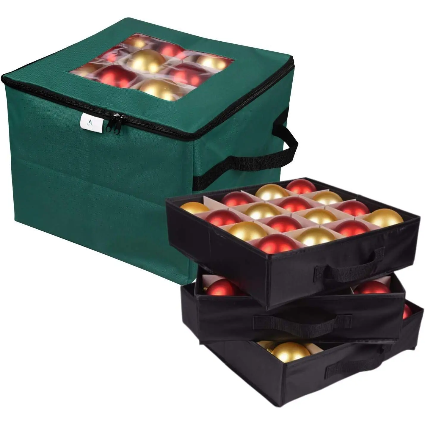 Polyester Christmas Ornament Storage Box - Modern Home Organizer for Holidays, Holds Up to 48 Xmas Balls with 3 Removable Trays, Divided Container for Xmas Decor (Green)