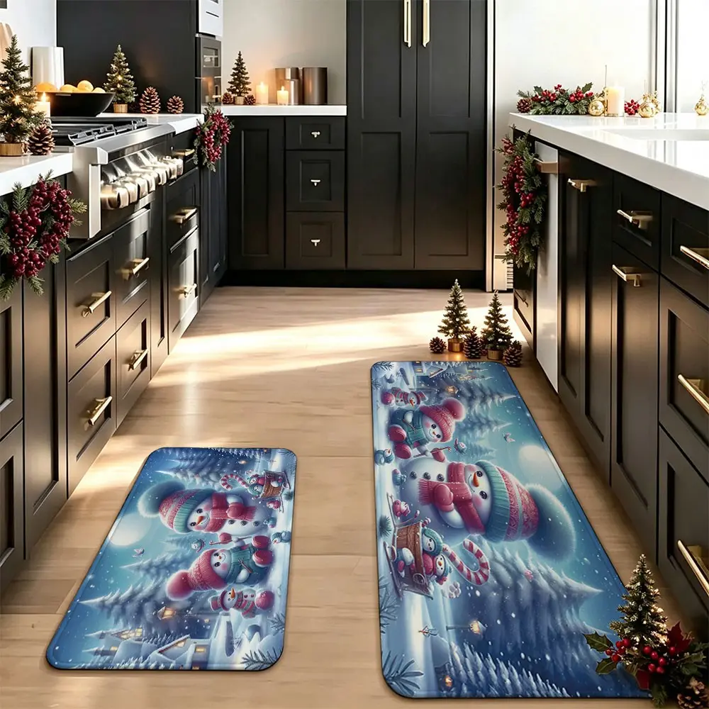 2-Piece Cartoon Snowman Kitchen Rug, Colorful Knit Hat Scarf, Candy Cane, Winter Forest Cabin Print, Waterproof Oil-Resistant Non-Slip Decorative Mat