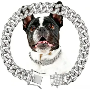Silver Cuban Link Dog Collar with Diamond Crystal, Metal Dog Chain Necklace Jewelry, Adjustable Pet Collar for Small Medium Large Dogs Cats (Silver, 10 Inch)