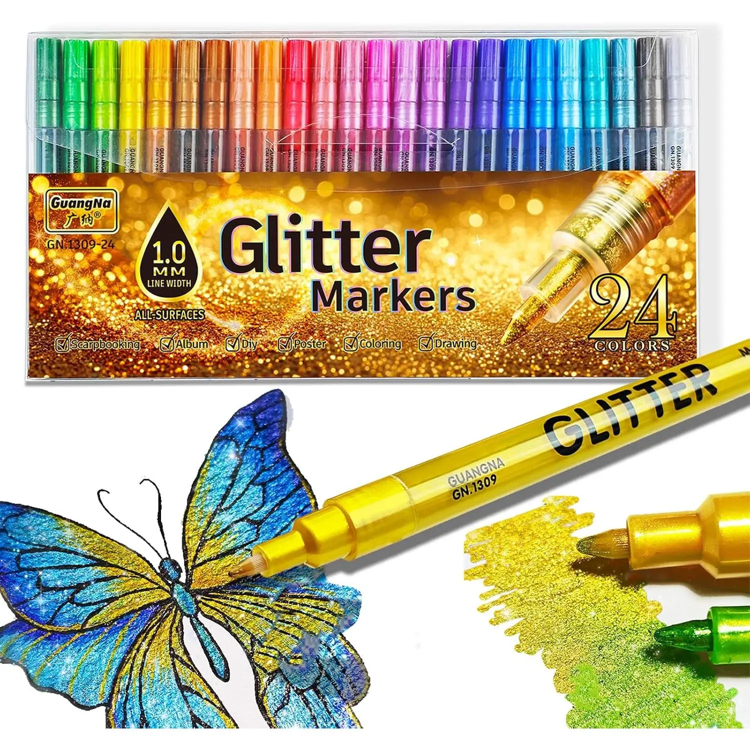 24 Colors Glitter Markers,  Glitter  Pens Sparkle Shimmer Metallic Markers for  Adults Coloring Cards  Crafts  Tip Water Based glitter markers