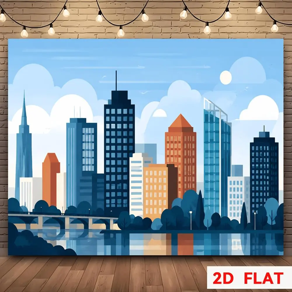 Polyester Fabric Photography Backdrop - 2D Flat Banner with HD Digital Print, Soft Lightweight Foldable Cloth, Modern City Skyline River Urban Landscape, Suitable for Weddings, Portraits, Wedding