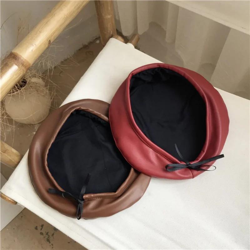 Fashion Autumn Winter Beret Beanie Hat Women Plain Beret Hats Solid Color Elegant Men Women Artist Caps PU Leather Painters Caps