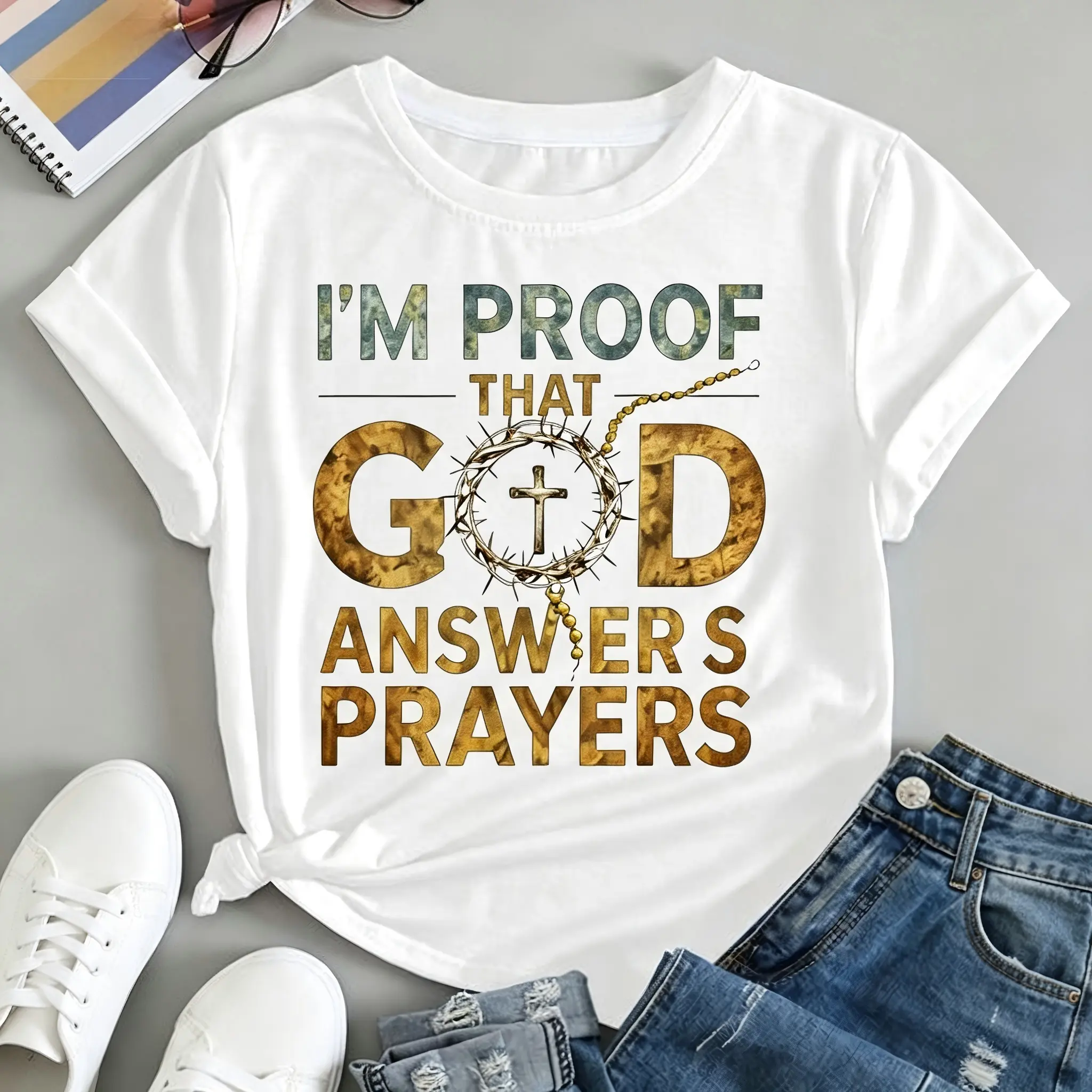 "I'm Proof That God Answers Prayers" Christian Graphic T-Shirt for Men Women – Soft Stretch Cotton Crew Neck Short Sleeve, Thorn Crown Cross Rosary Tee, Regular Fit Faith Streetwear, All Season Casual Wear, Machine Washable