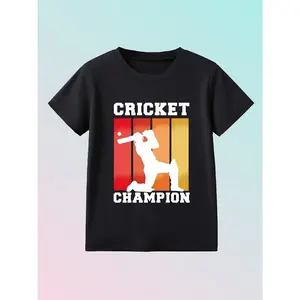 High-Quality Boys' for Cricket Champion Graphic T-Shirt - Red And Yellow for Cricket Bat Print - Breathable Knit Fabric - Regular Fit Crew Neck Summer Sports Tee, Suitable for
