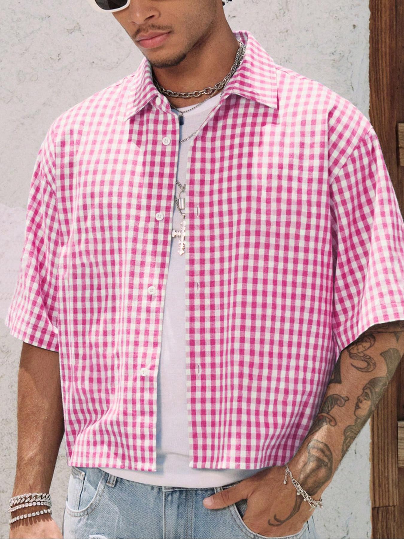 Men's Floral Embroidery Embroidered Short Sleeve Shirt, Regular Fit Casual Street Retro Gingham Plaid Graphic Button Front Top for Summer, Men's Clothes for Daily Wear, Menswear