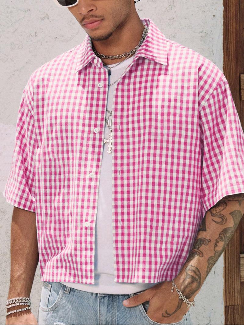 Men's Floral Embroidery Short Sleeve Shirt, Regular Fit Casual Street Retro Gingham Graphic Button Front Top for Summer, Men's Clothes for Daily Wear