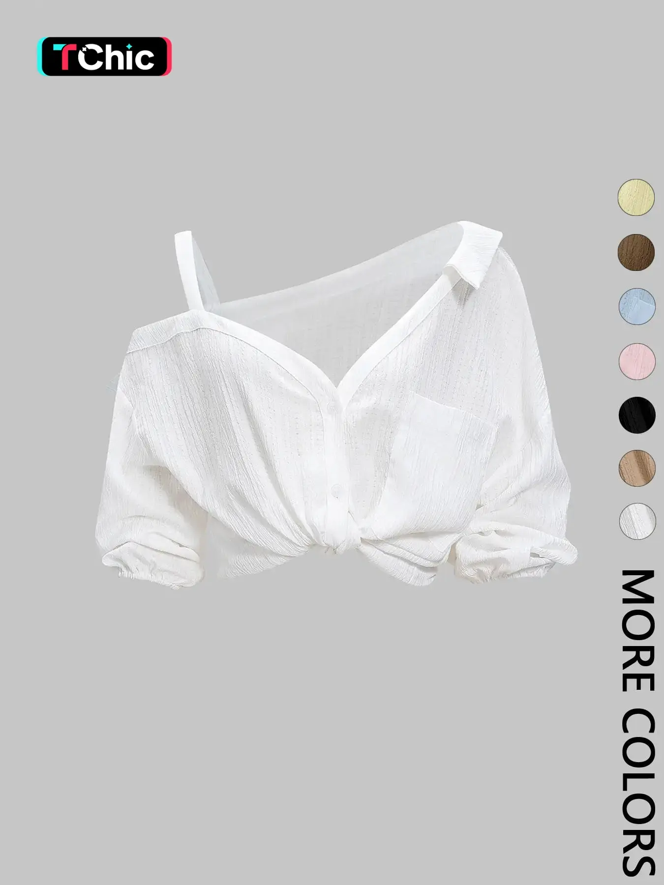 1 Spring Summer Asymmetric Cold Shoulder Blouse Women Shirts | Collared Button Down Textured Fabric 3/4 Sleeve | Clean Girl Casual Chic Style for Daily Vacation Beach Travel