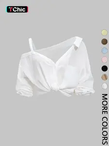 1 Spring Summer Asymmetric Cold Shoulder Blouse Women | Collared Button Down Textured Fabric 3/4 Sleeve | Clean Girl Casual Chic Style for Daily Vacation Beach Travel
