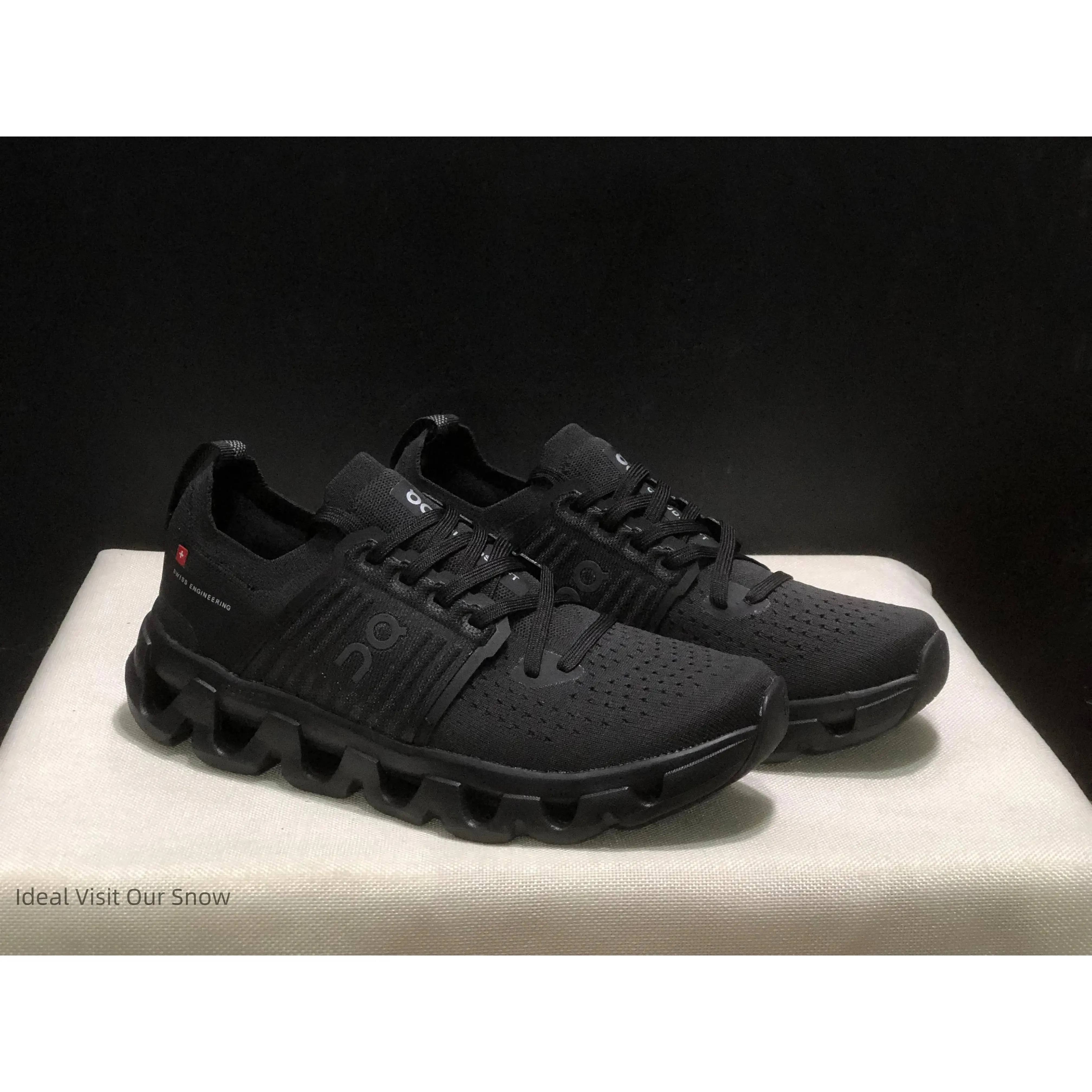Stretch Knit Performance Outdoor Running Trainers, Solid Black Non Slip Wave Outsole Gym Workout Walking Footwear