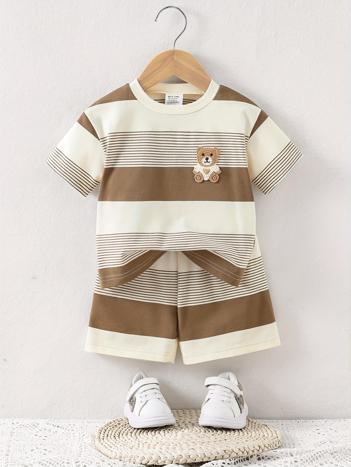 2pcs Summer Casual Baby Outfit - Brown & White Striped Shorts Set with Cute Bear Patch, Comfortable Stretch Fabric for Outdoor Play and Daily Wear, Everyday Baby Clothes |     Playful Bear Design |     Comfortable Fit, Baby Clothes