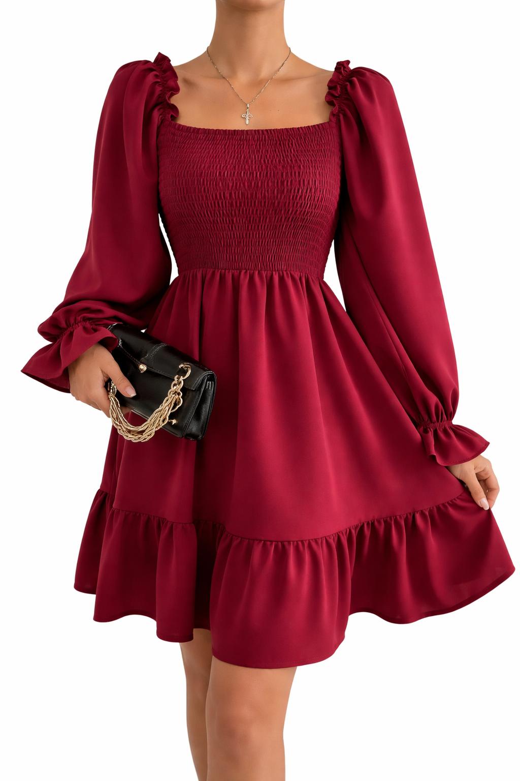 2026 Simple Square Collar Parallel Crepe Dress Body Frill Hem Skirt Dress