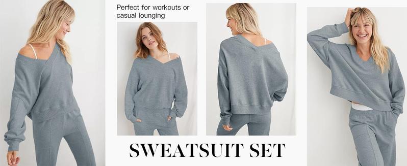 PASLTER Womens 2 Piece Outfit Lounge Set V Neck Sweatshirt High Waist Pants With Pockets Casual Loose Tracksuits