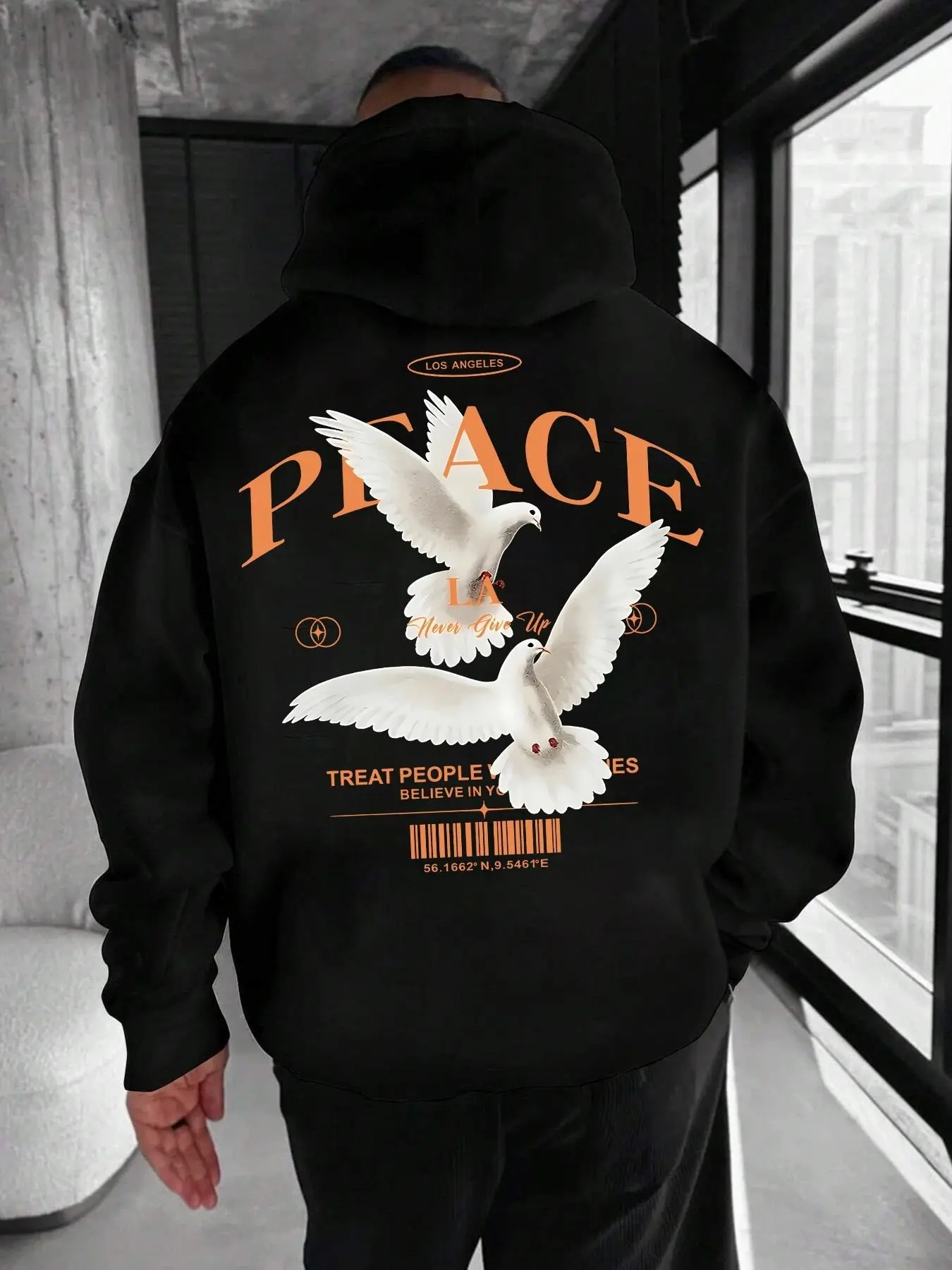 Men's Casual Loose-Fit Hoodie with Peace Dove Print, Long Sleeve Pocket Design, Thick Fabric for Spring & Fall, Daily Wear Sweatshirt