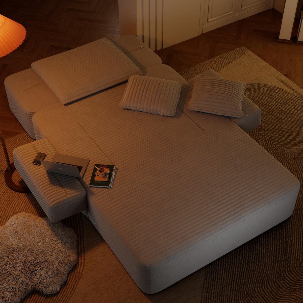 Luxurious Plush Corduroy Chaise Lounge with 3 Pillows, Convertible Sofa Bed with Storage Pocket, Frameless Design & Compression Foam for Small Spaces, Living Room, Apartment,Light Grey