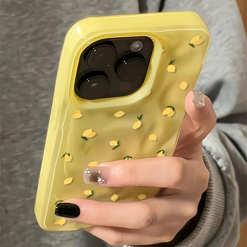 A protective case with a yellow lemon pattern design, featuring a wrinkled texture. This phone case is suitable for various iPhone models including 16/15/14/13/12/11 Pro Max/Plus. It's a popular birthday gift and business gift, durable and brand new, suit
