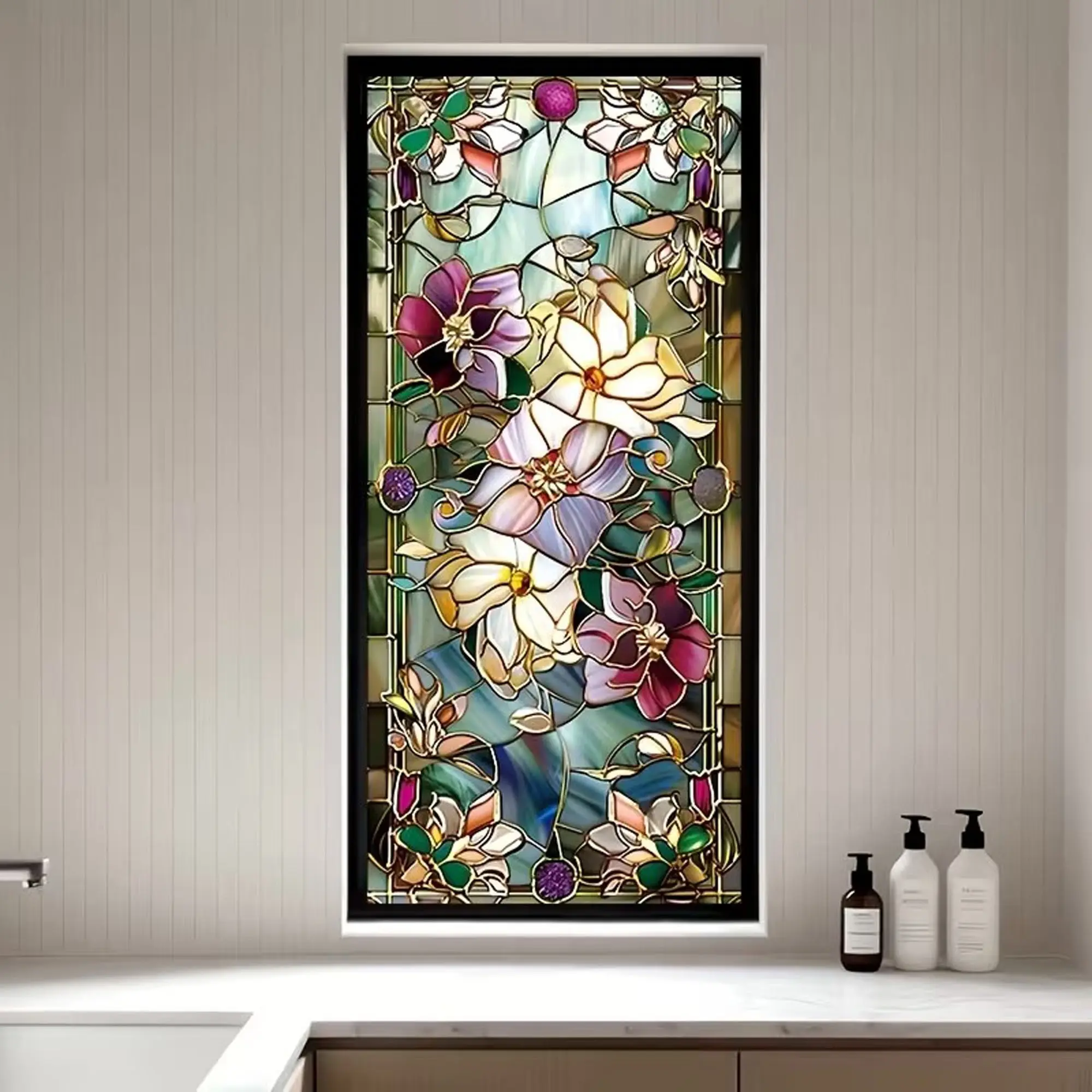 Floral Stained Glass Decorative Window Film 45x100cm, Static Cling Privacy Decal, Vintage Flower No Glue Sticker, Home Decor Glass Sticker