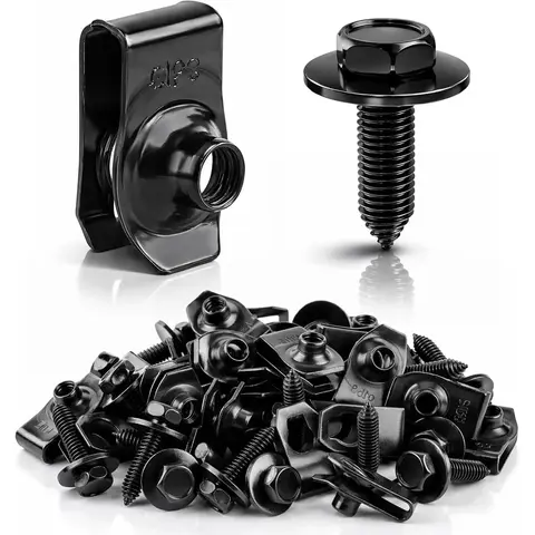 Car Clips Kit - 25-Set 50PCS 1/4" Body Bolts & U-Nut Clips Auto Parts, Black Metal Fasteners for Fender Bumper, Engine Cover (Universal Vehicle Accessories), Black Metal Fasteners & Clips